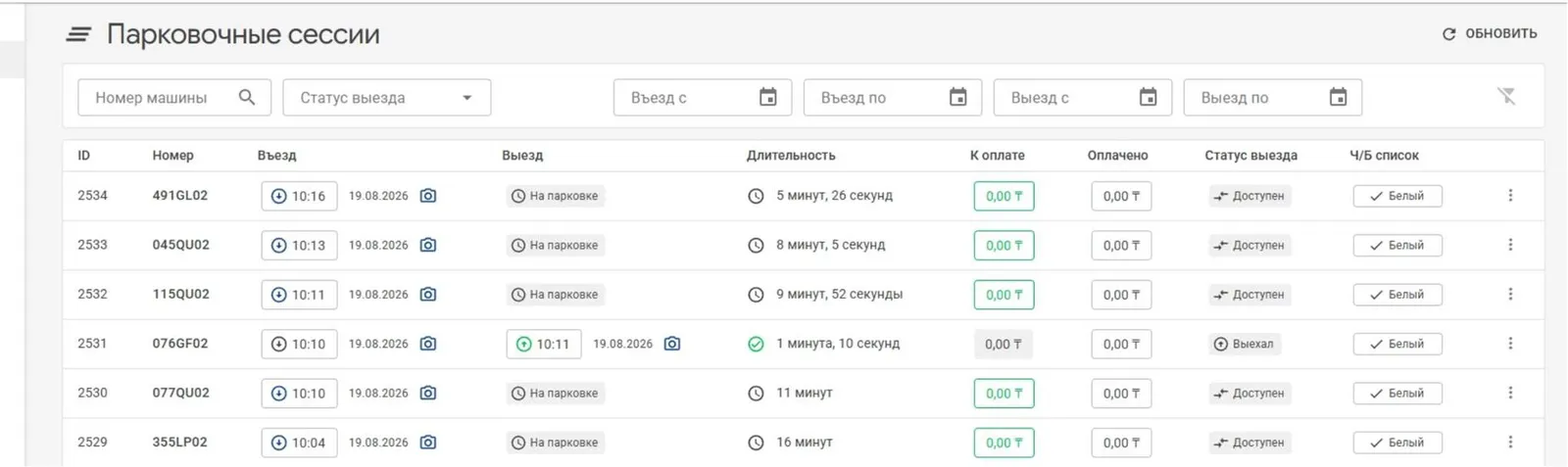 Журнал парковочных сессий: номер, въезд, выезд, длительность, сумма, статус